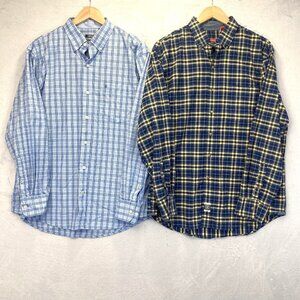 Lot of 2 Izod Button Up Shirt Mens Large Plaid Blue Yellow Heritage Tartan